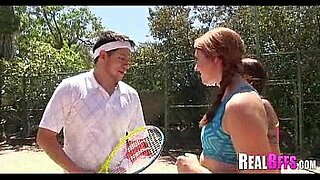 bespectacled boy fucks girl on a tennis court